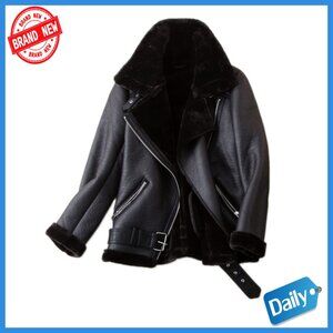 Faux Shearling Moto Jacket Medium Winter Coat Lined Parka Leather Style